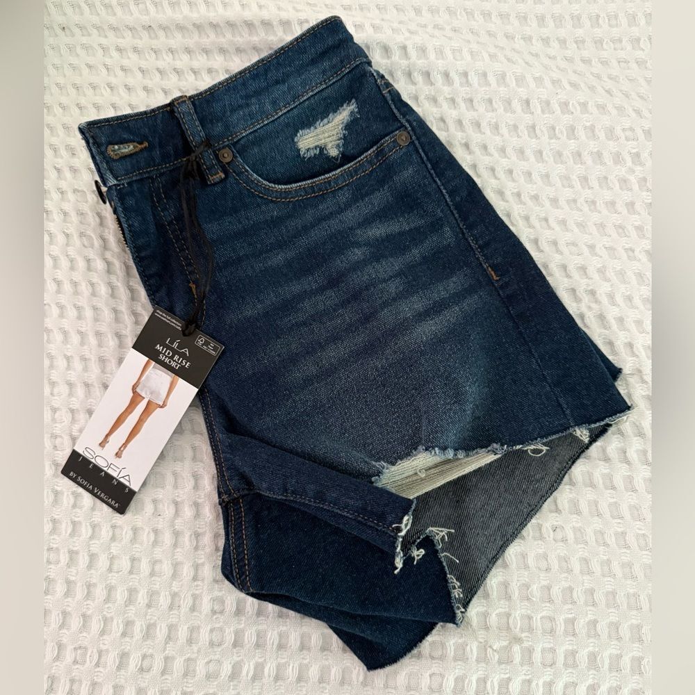 Sofia by Sofia Vergara Blue Jean Shorts with Distressed Raw Hem